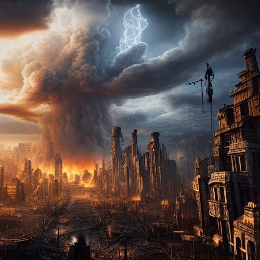 Post-Apocalyptic Clockwork City Ablaze