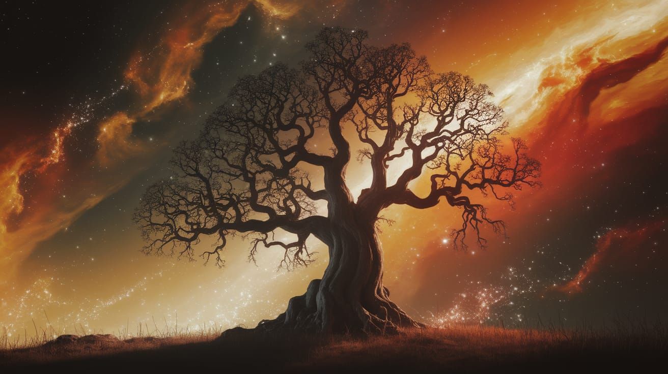 Ancient Oak Tree Silhouetted Against Swirling Nebula