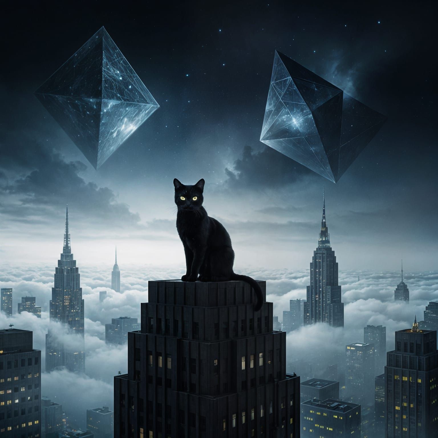 Black Cat on Art Deco Skyscraper in Twilight City