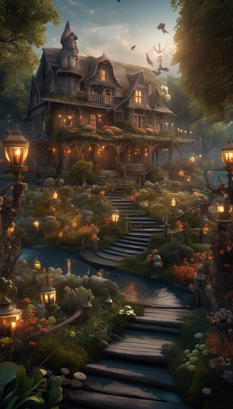 Haunted Garden with Spooky Lights at Night