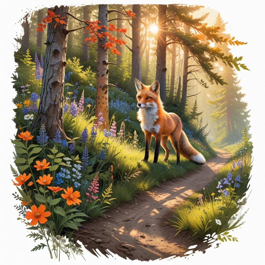 Vibrant Wildflowers and a Playful Fox in Rustic Woodland