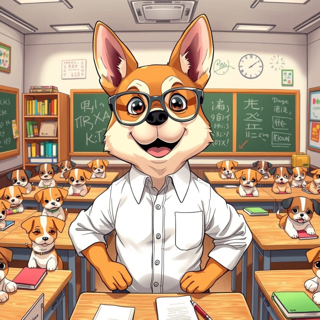 Anamorphic Dog teacher standing in the front of a classroom of puppies at the desks