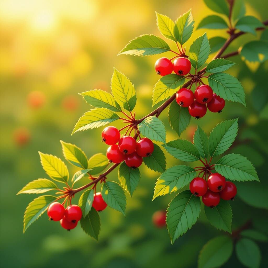 Abundant Berries on Bush in Golden Hour Sunlight