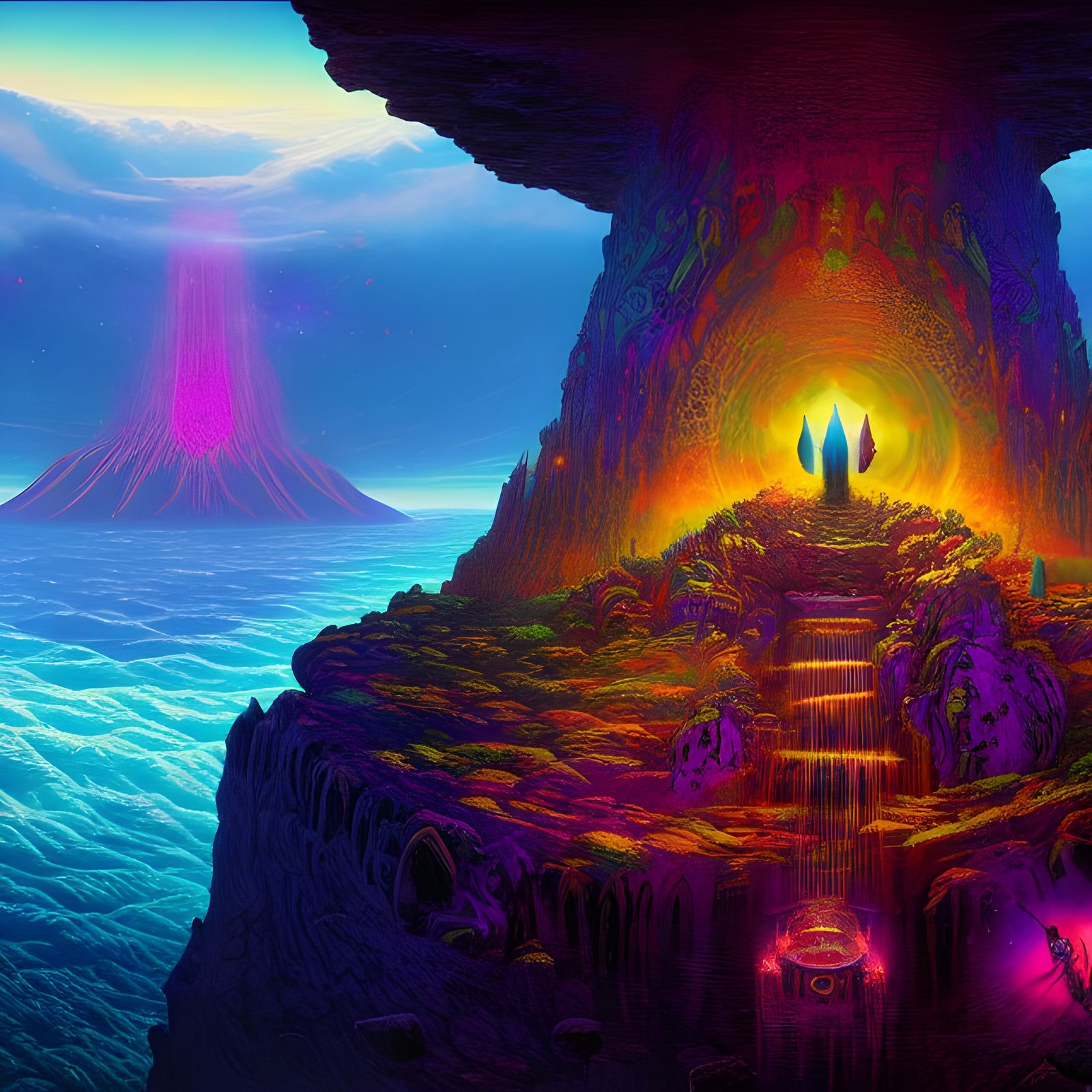 Surreal Dreamscape: Dungeon on a Cliff in Cosmic Sky