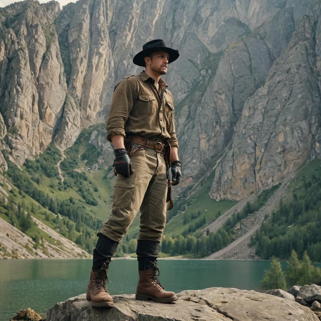 Confident Slavic Man Overlooking Mountainous Lake Landscape
