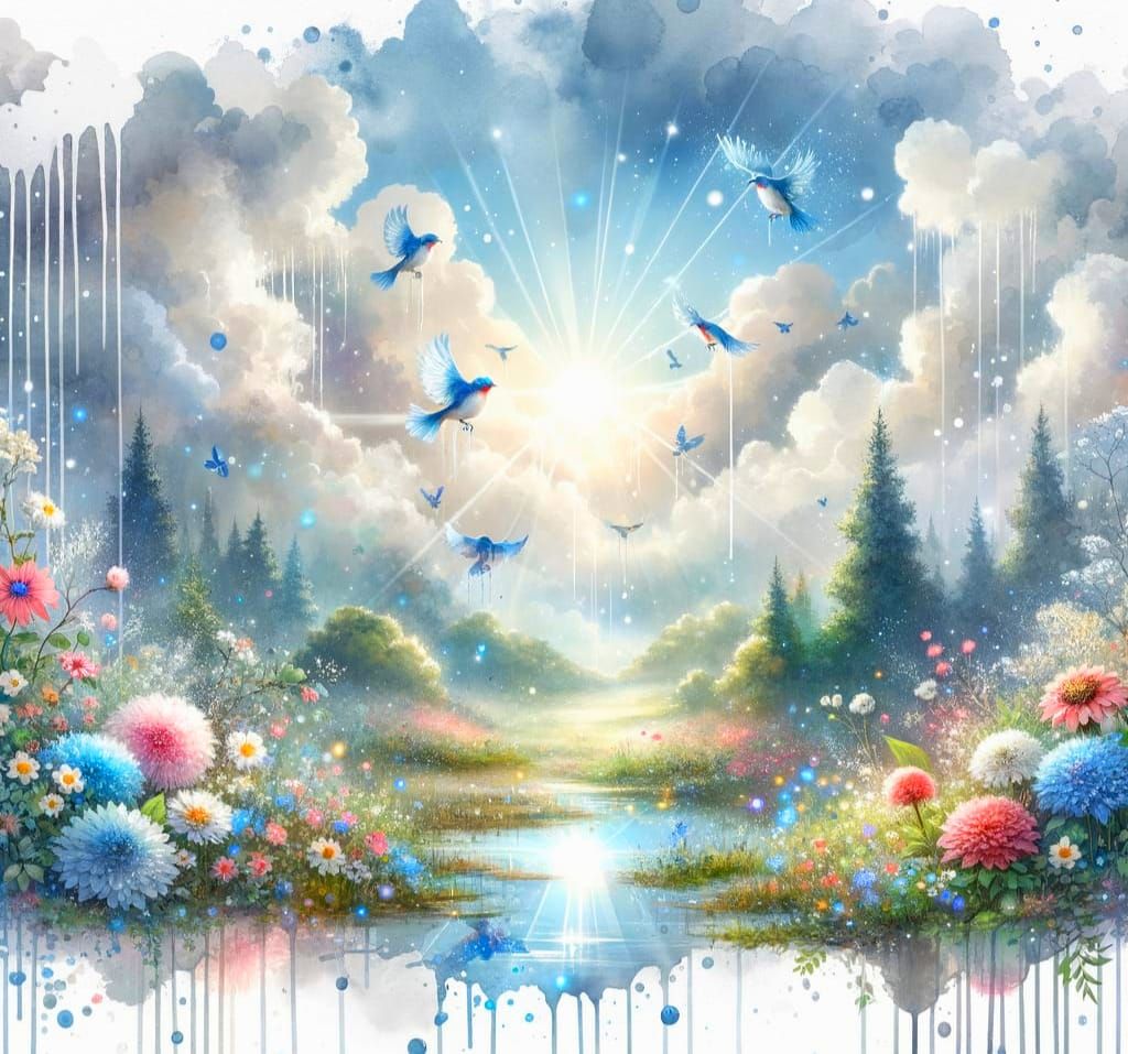 Whimsical Valley Scene in Watercolour Style