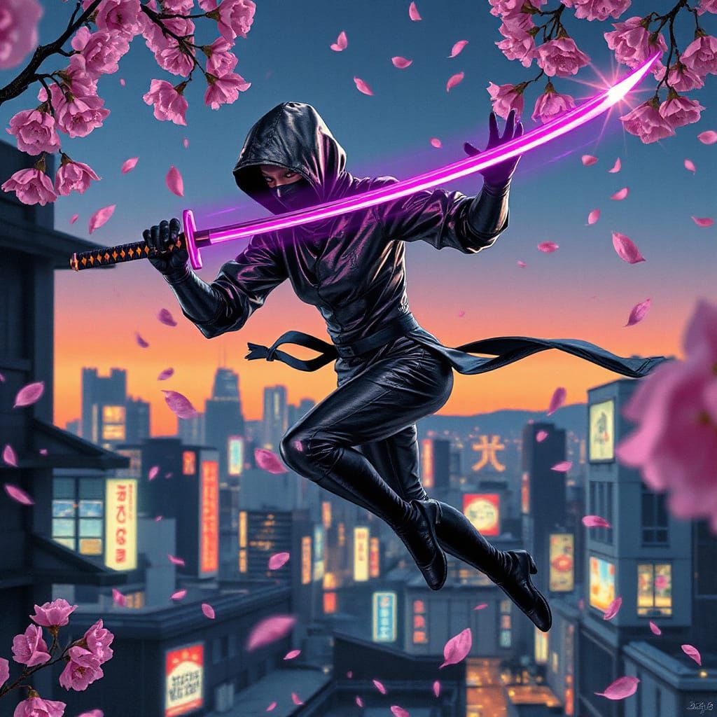 Ninja Leaps Across Tokyo in Ukiyo-e Style