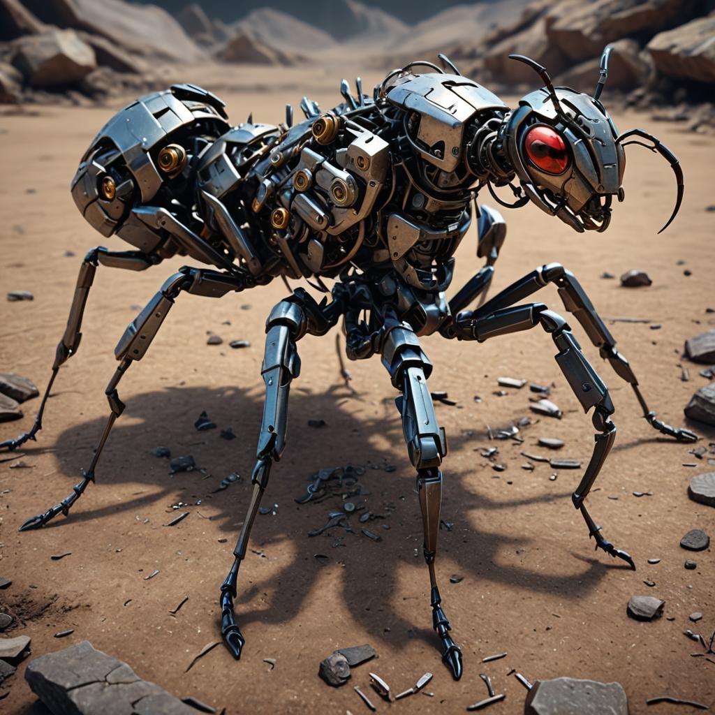 A cybernetic ant constructed from scrap metal parts mixed with biological tissue, doomsday survivor in illustration styl...