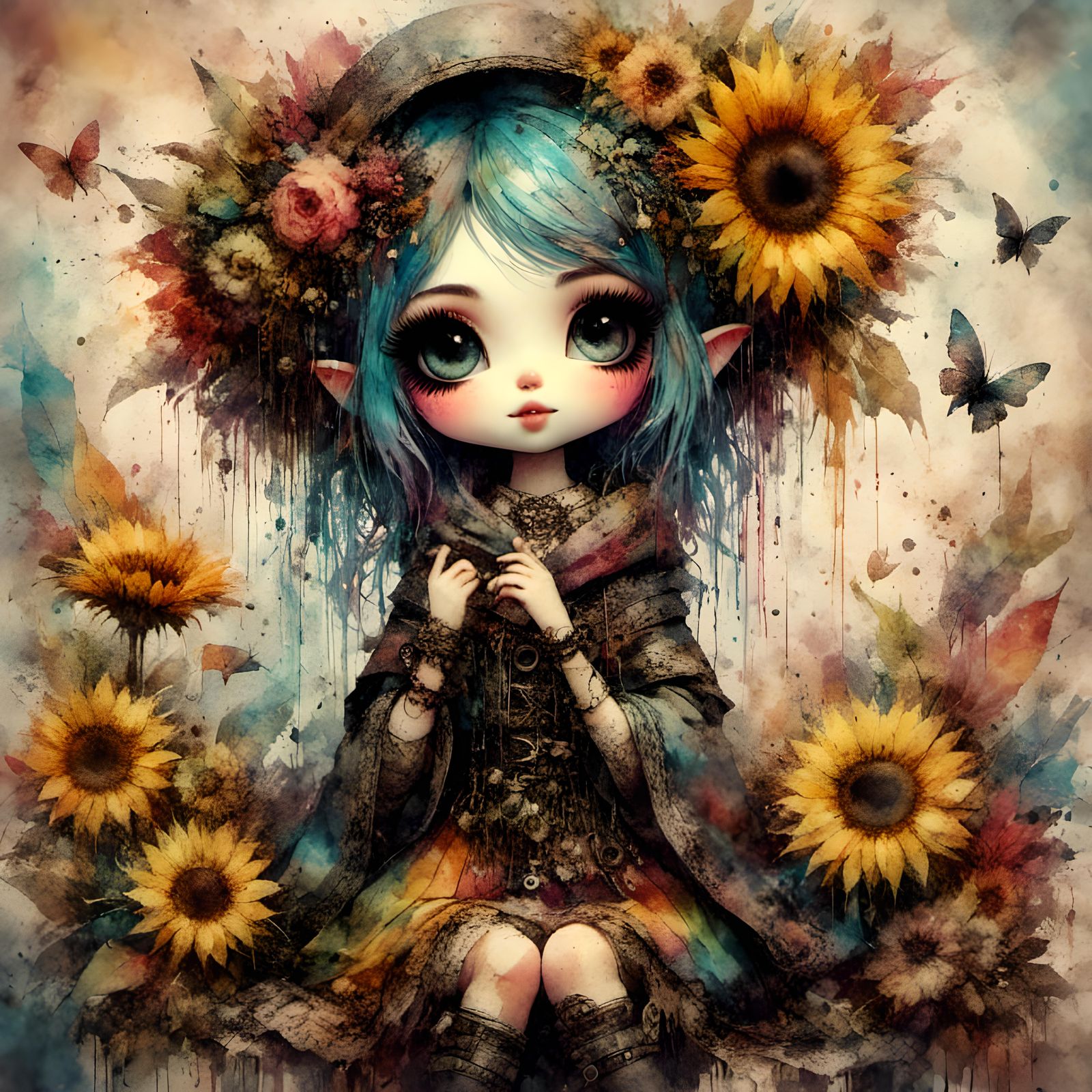 Cute Fairy Girl in Encaustic Watercolor Style