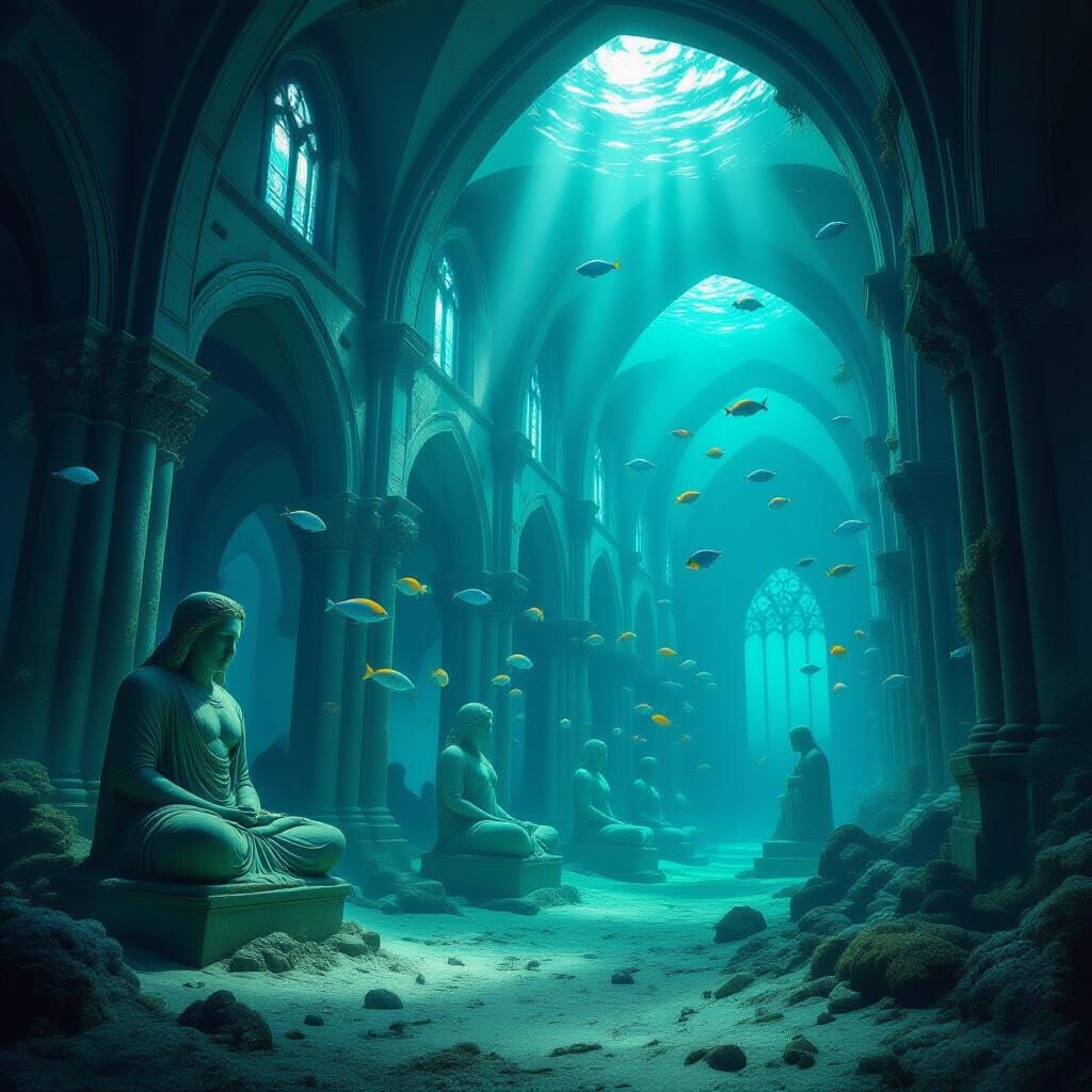 Sunken Cathedral: Luminous Fish Amidst Ancient Statues