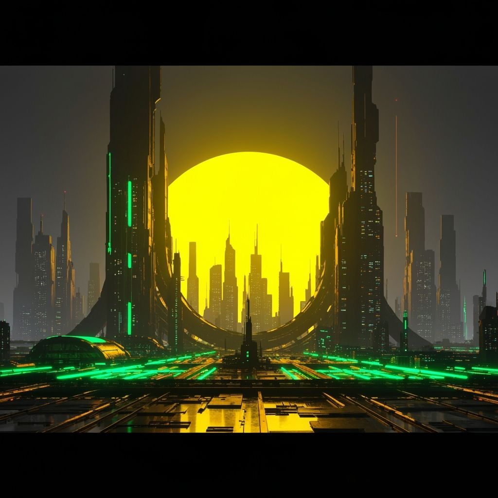 Futuristic Cityscape with Neon Lights in Retro Sci-Fi Style