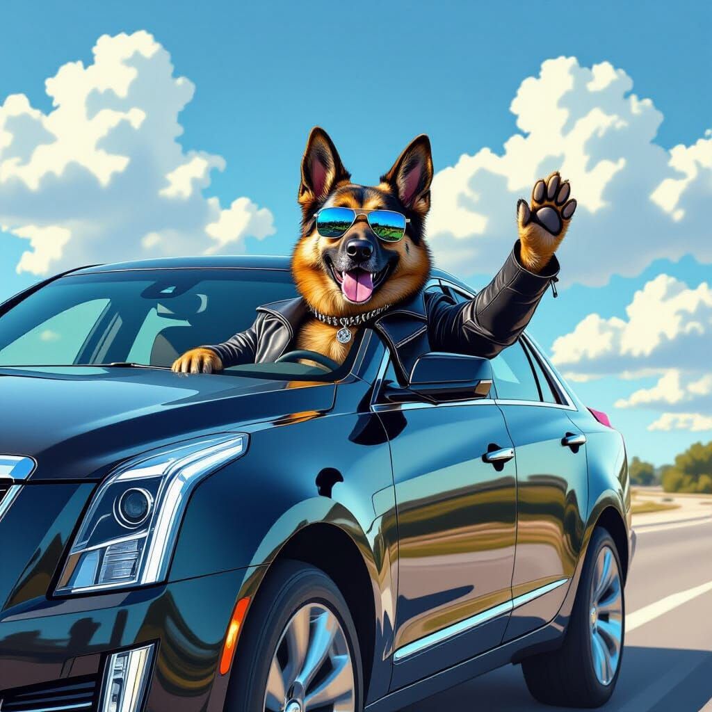 German Shepherd Driving Cadillac in Concept Art Style