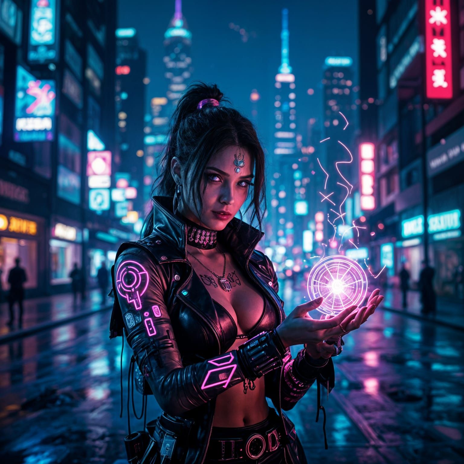 Cyberpunk Witch Casting Neon Spells in Futuristic City