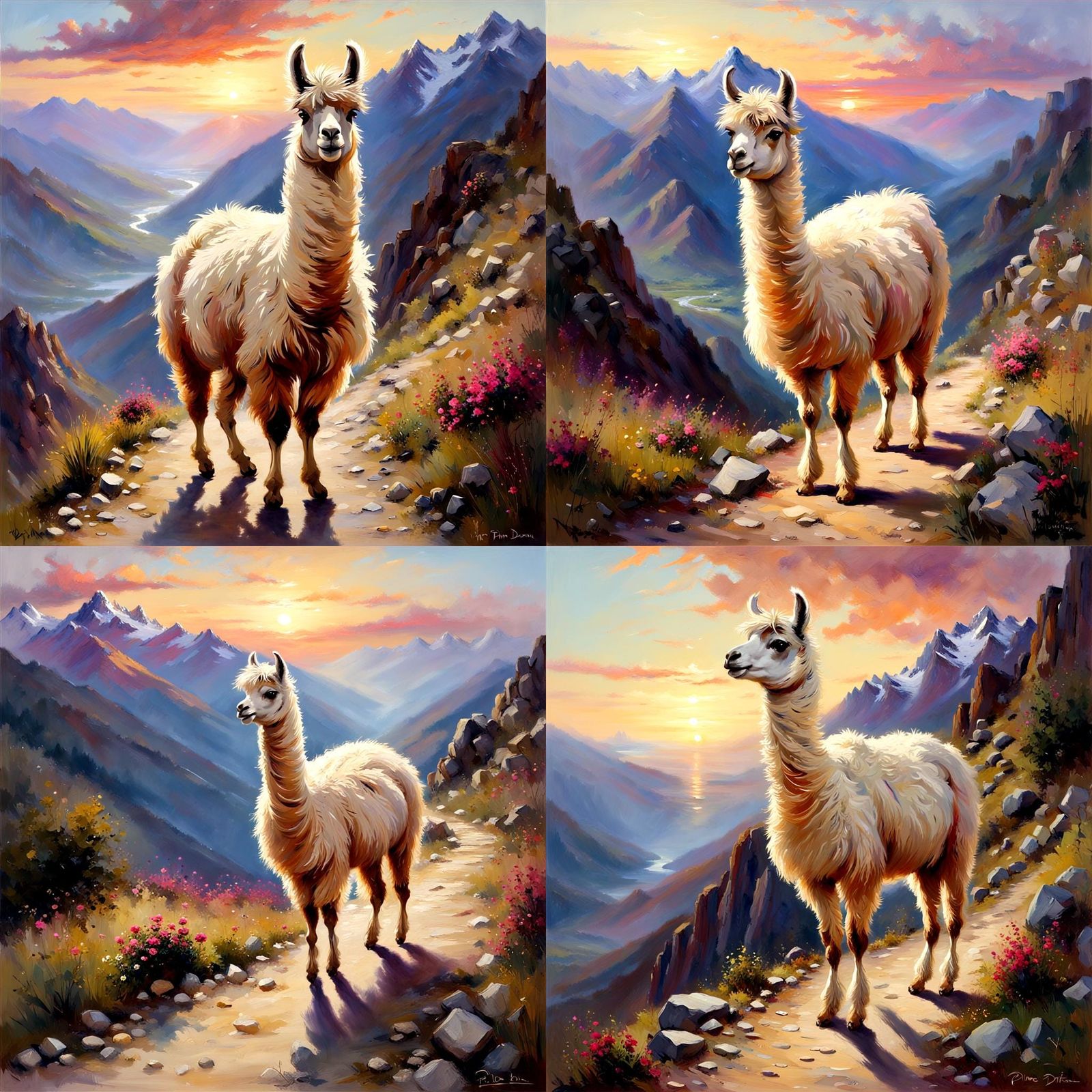 Beautiful fluffy llama on a mountain trail, beautiful mounta...
