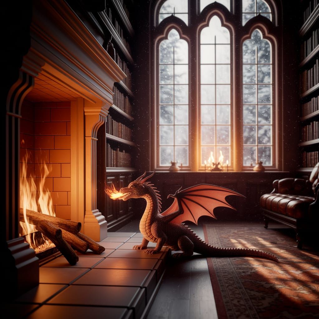 Miniature Dragon Tends Fire in Snowy Library