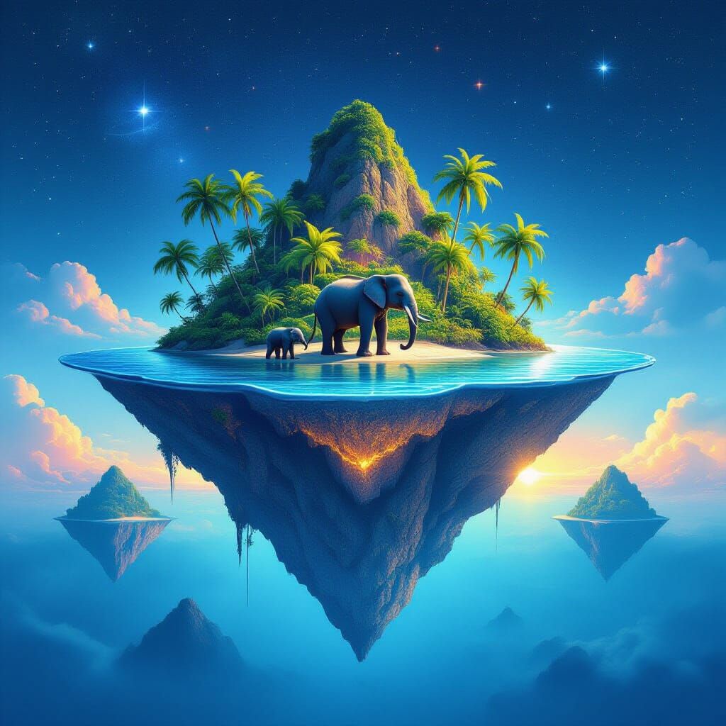 Floating Jungle Island with Elephants in Retro Style