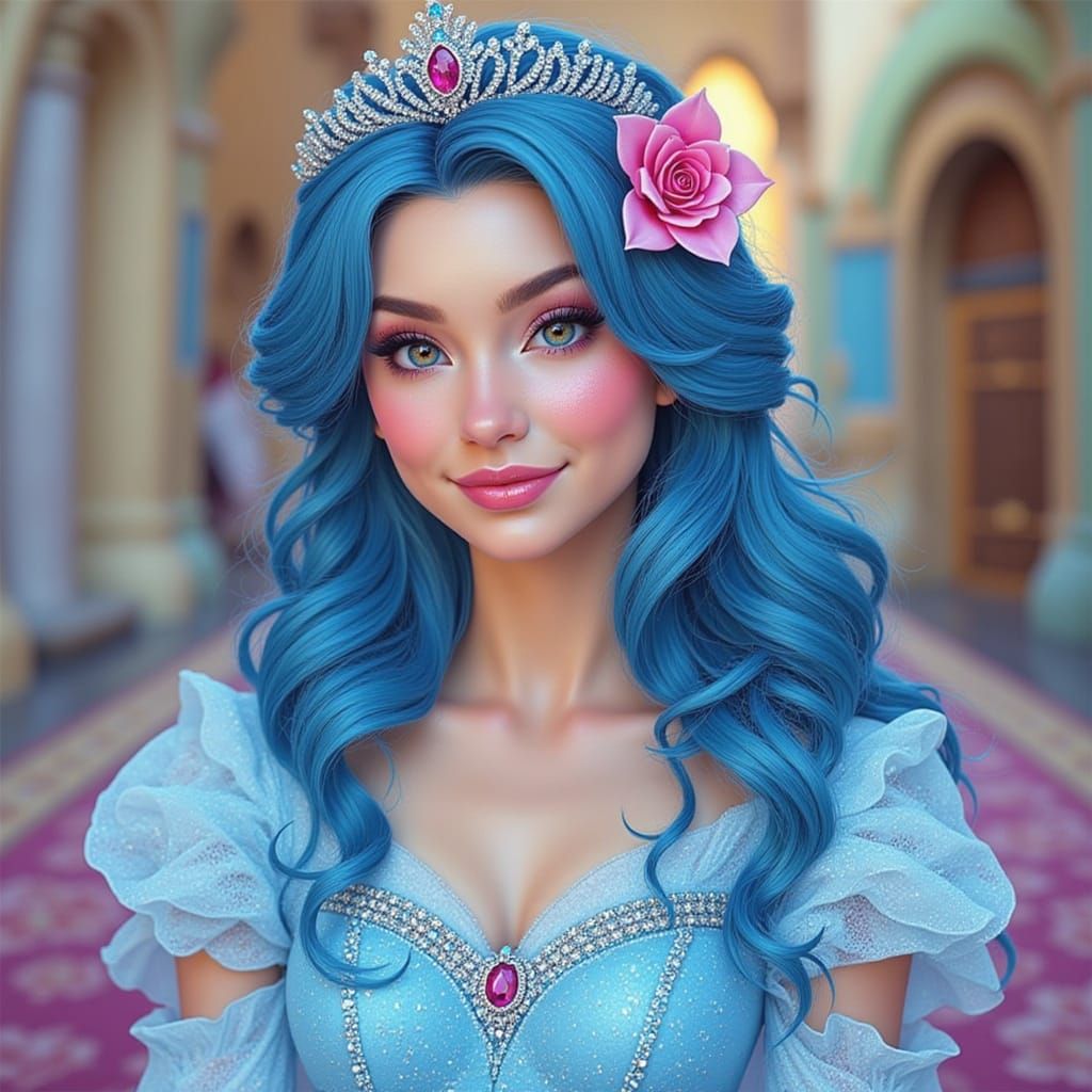 Elegant Princess in Castle with Blue Hair and Tiara