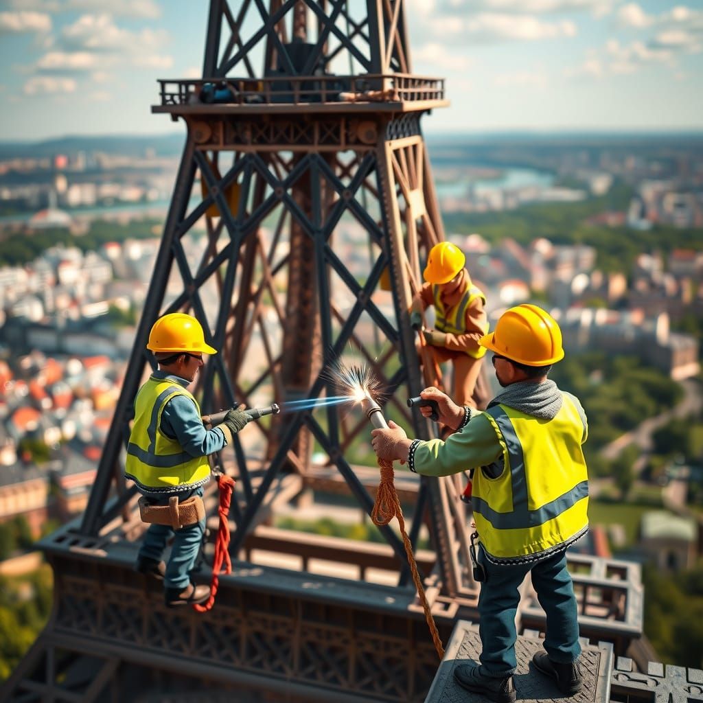 Miniature Construction Workers Repair Iconic Eiffel Tower in...