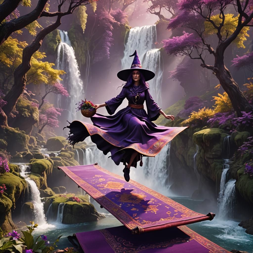 Enchanting Witch on Flying Carpet in Magical Forest