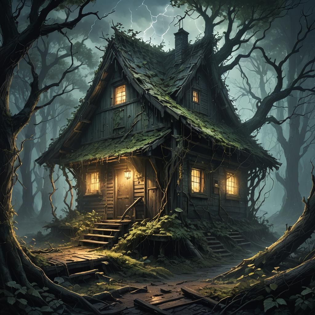 Ominous Abandoned Cabin in Misty Dark Fantasy Woods