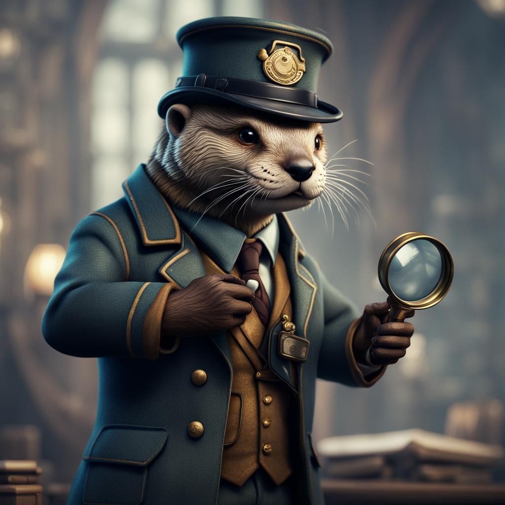 Otter Detective with Magnifying Glass, Detailed Digital Art