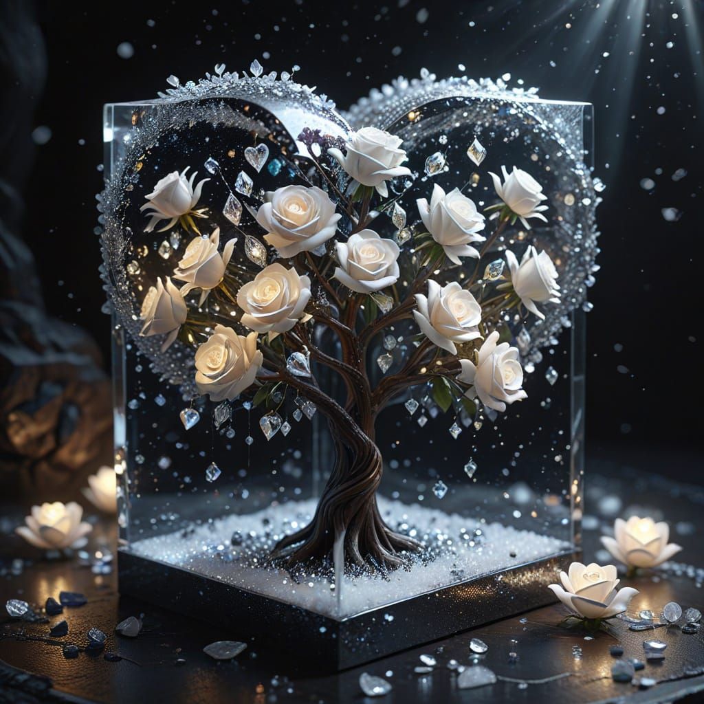 Crystallast Cube with Heart Tree and Roses