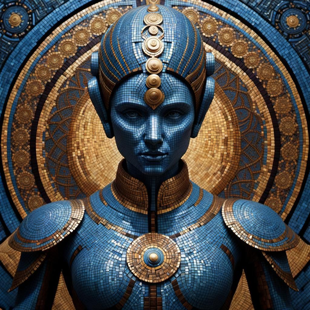 Mosaic Humanoid in Blue and Gold
