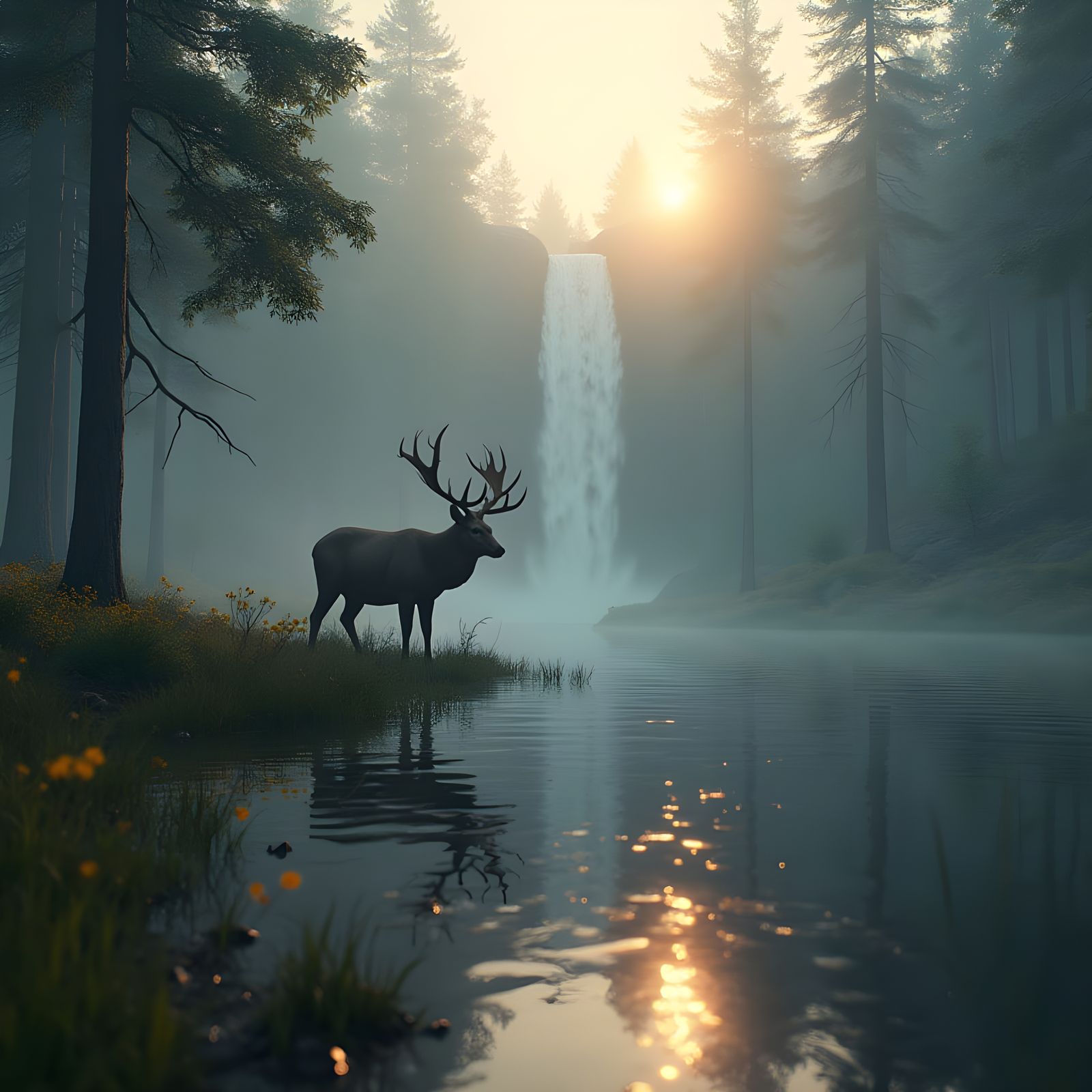 Buck Drinking at Waterfall in Foggy Woods