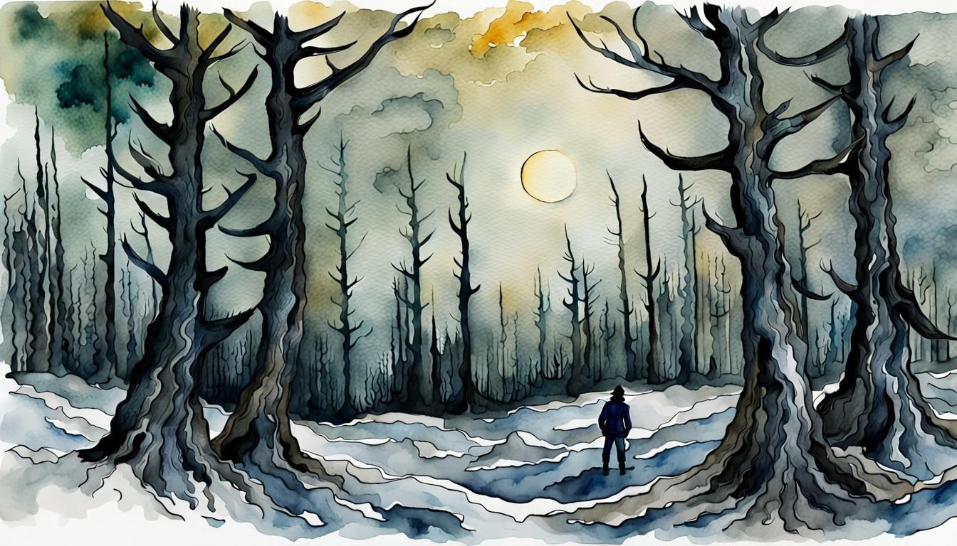 Icy Realm of Giants in Watercolor Ink Style