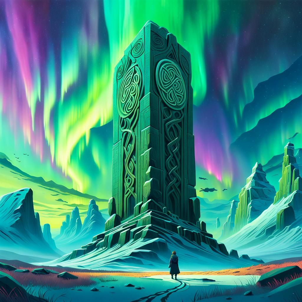 Celtic Monument Under Northern Lights in Fantasy Art