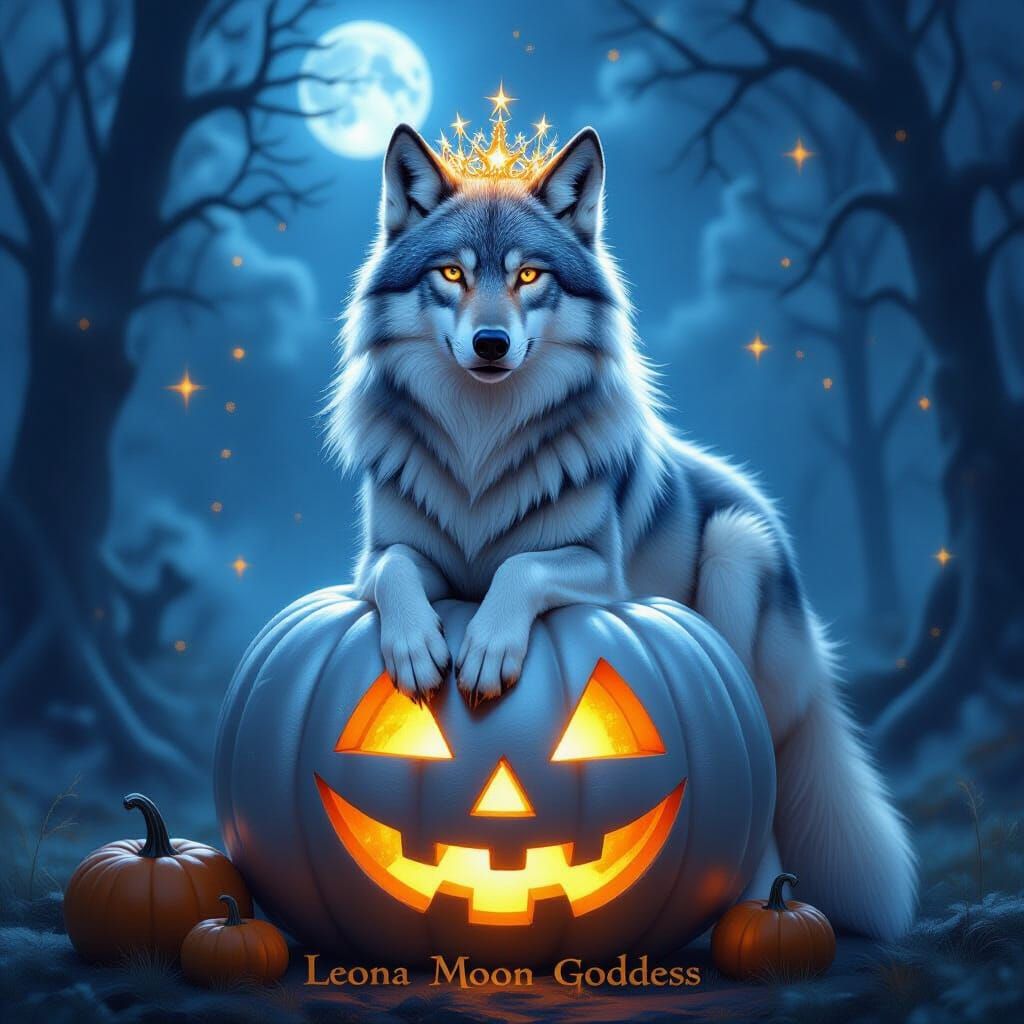 Silver Wolf Howling on Halloween Pumpkin Under Starlight Cro...