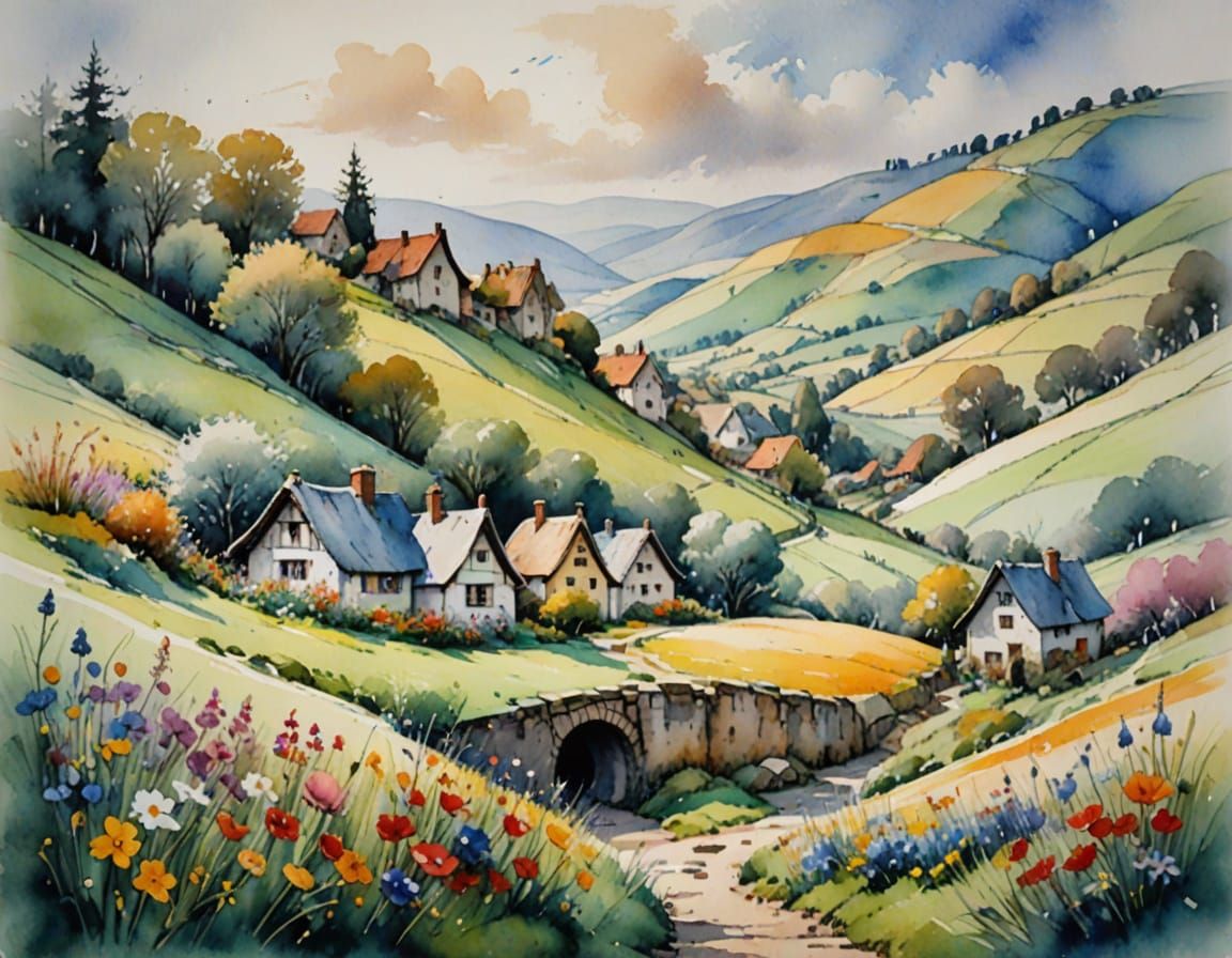 Seasonal Change in Whimsical Watercolor Landscape