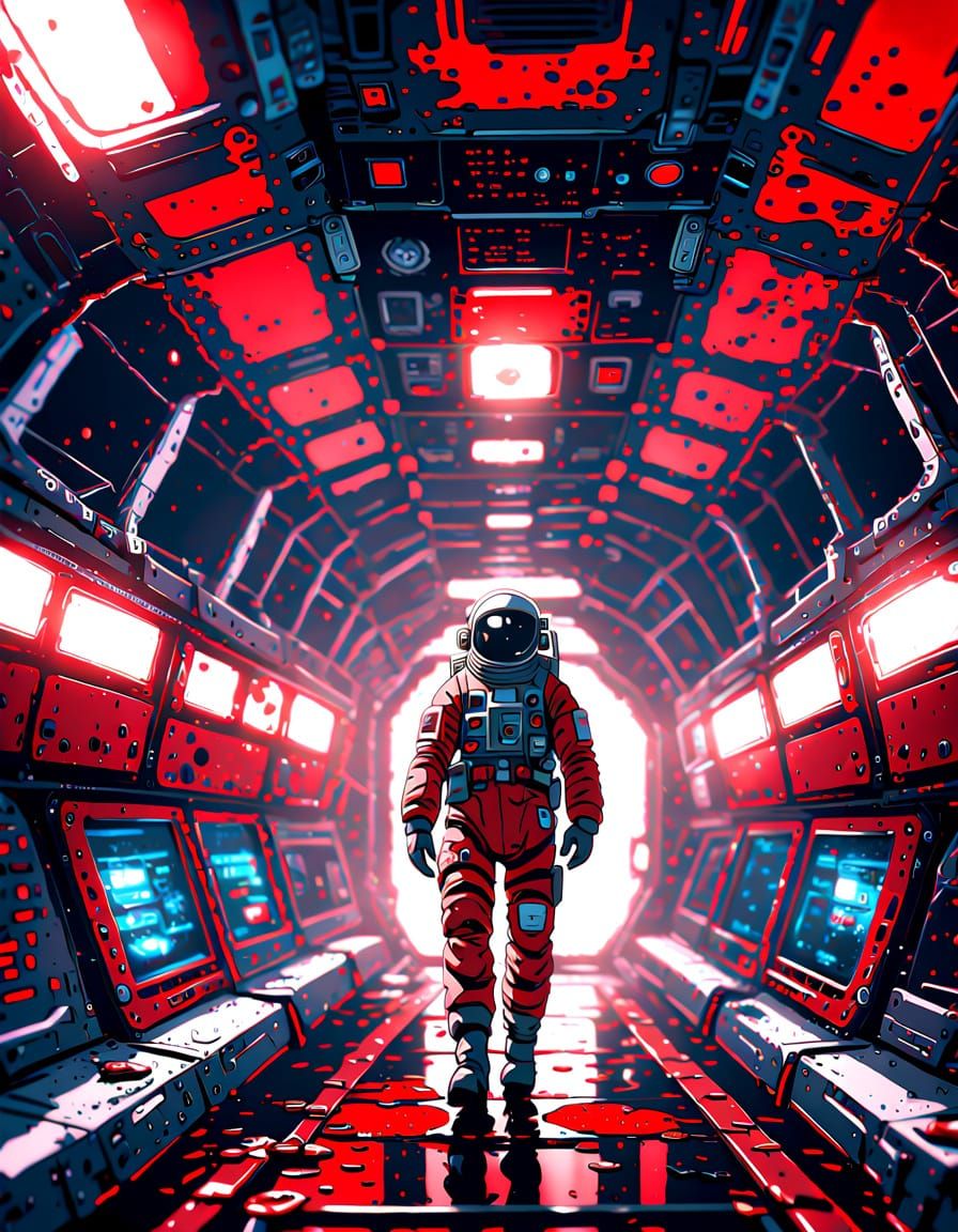 Lone Astronaut Explores Derelict Spaceship in Anime Style