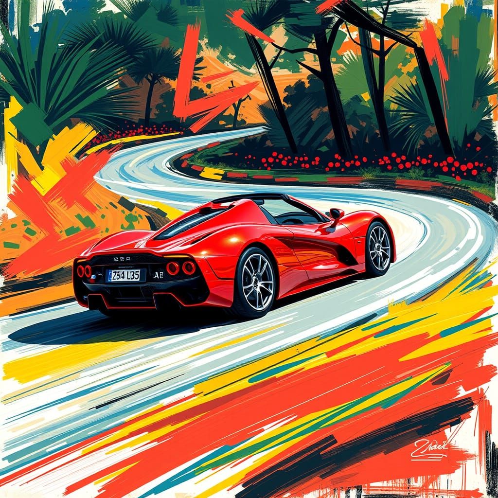 Red Sports Car in Fauvism Style