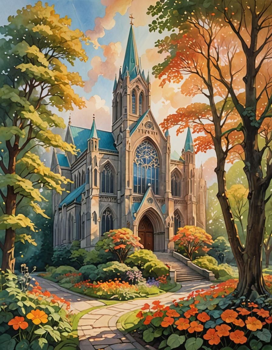 Ethereal Cathedral in Golden Light: an Oil Painting