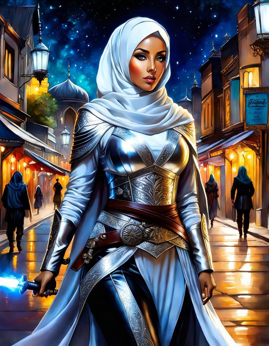 Glowing Hijabi Woman Fighter in Alcohol Ink Style