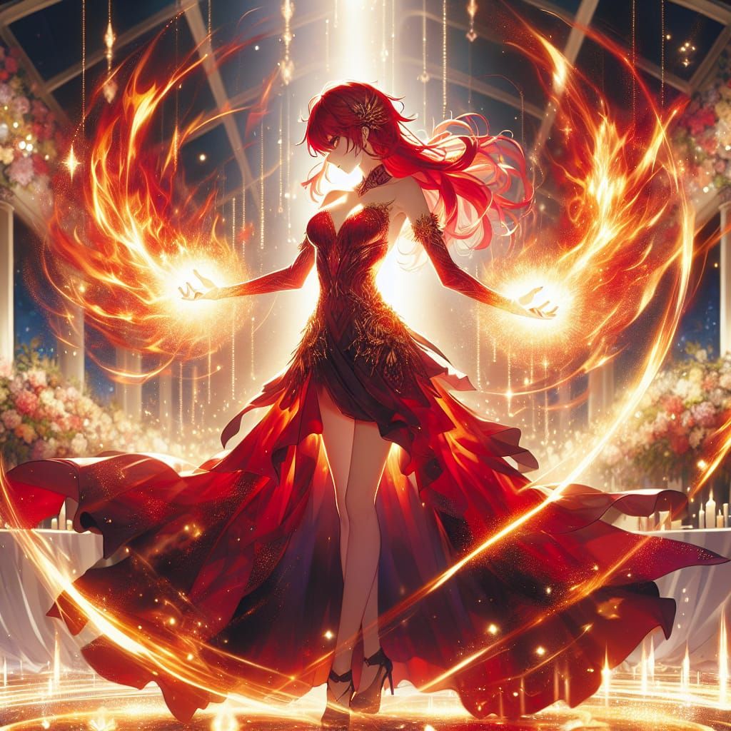 Fiery Anime Woman Conjuring Magic with Red Hair