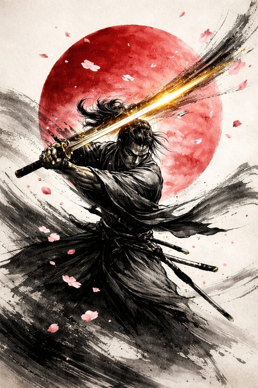 Samurai Sword Strike Under Red Moon in Sumi-e Style
