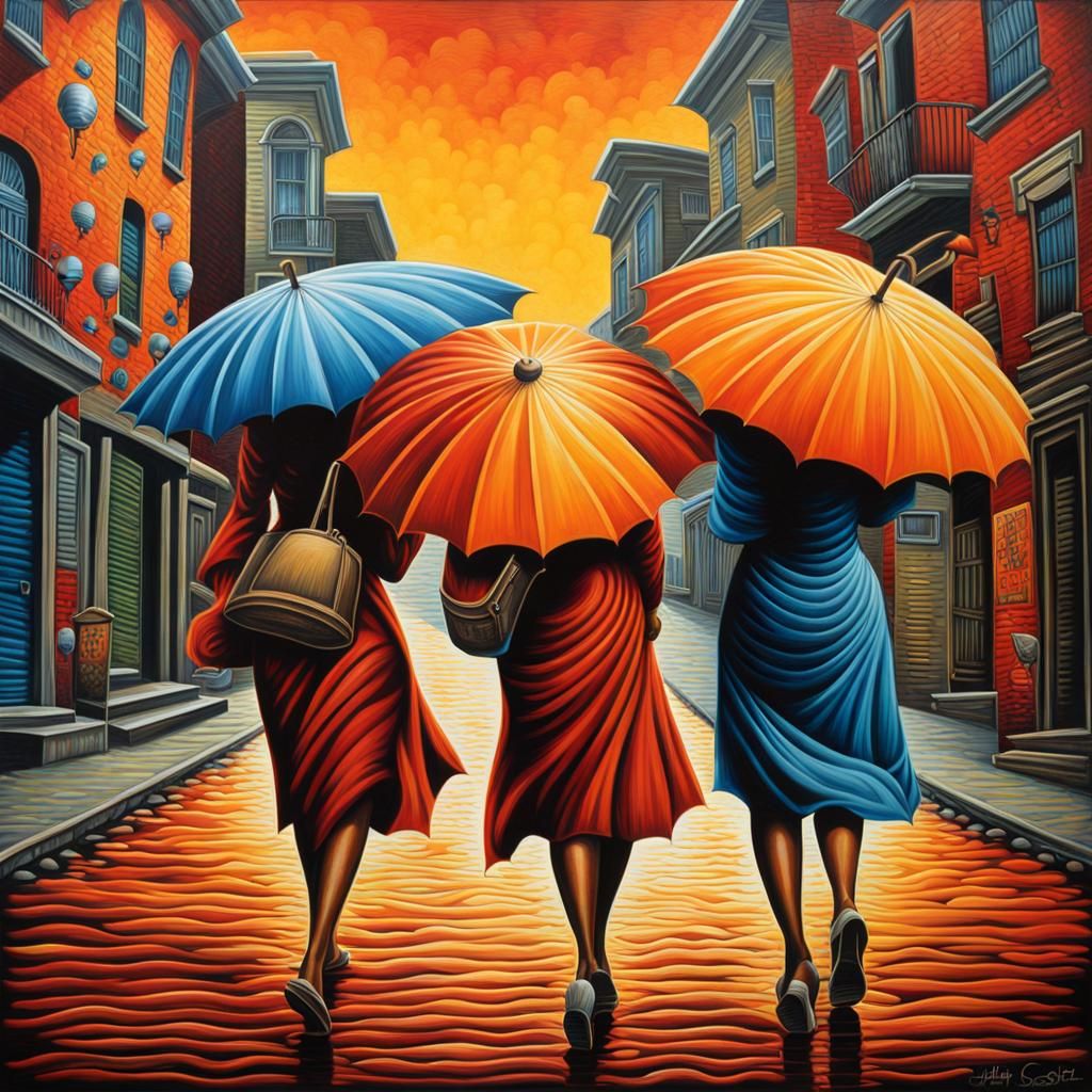 Women with Umbrellas in Graffiti Art Style