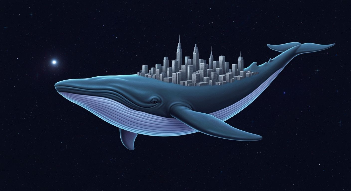 Synthwave Space Whale Carrying an Arcoloy Metropolis