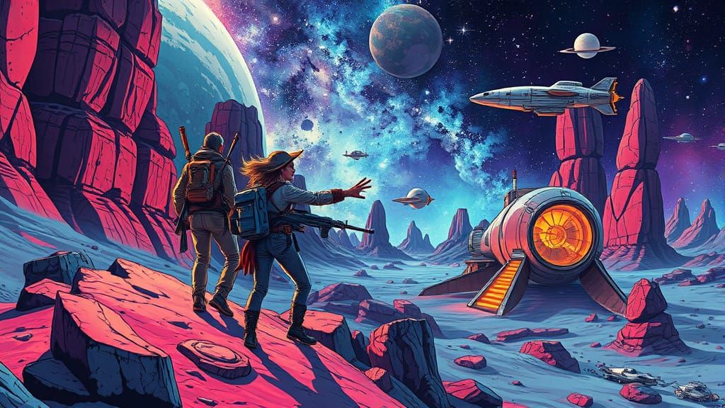 Sleek Space Tourists Explore Vibrant Alien World in Retro-Fu...