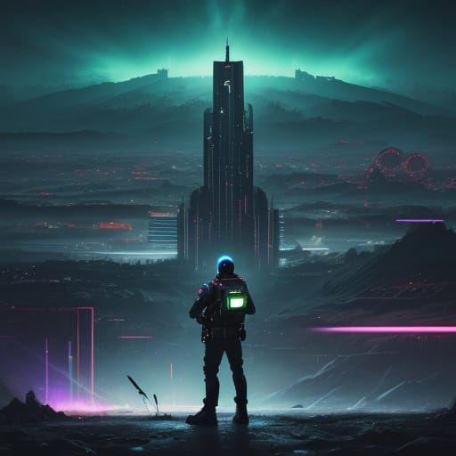 Futuristic Guitarist in Neon Cityscape