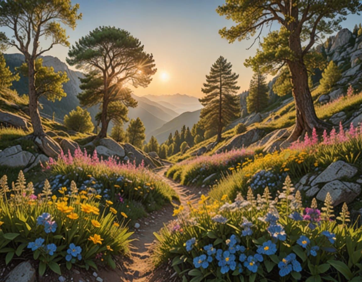 Vibrant Mountain Landscape with Afternoon Sunlight