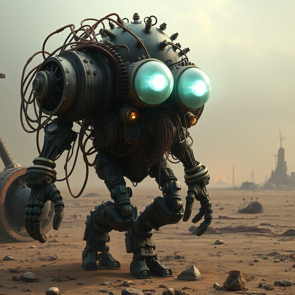 Steampunk Golem in Post-Apocalyptic Wasteland