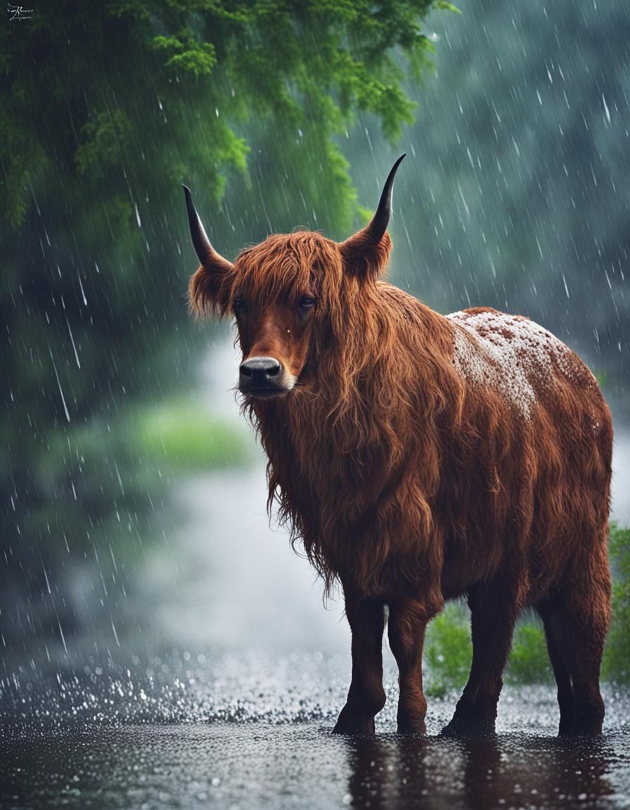 Rainy Landscape Scene with Animals