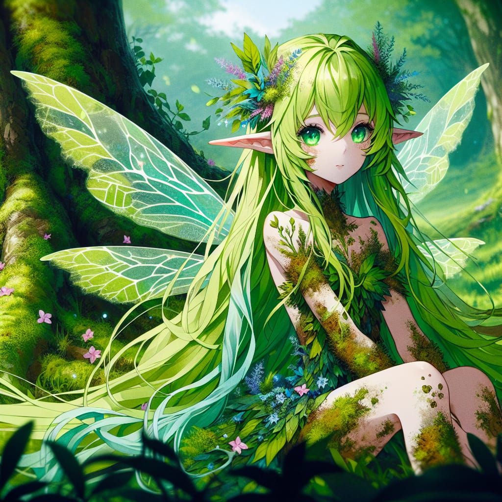 Anime Fairy Girl with Lichen in Lush Forest