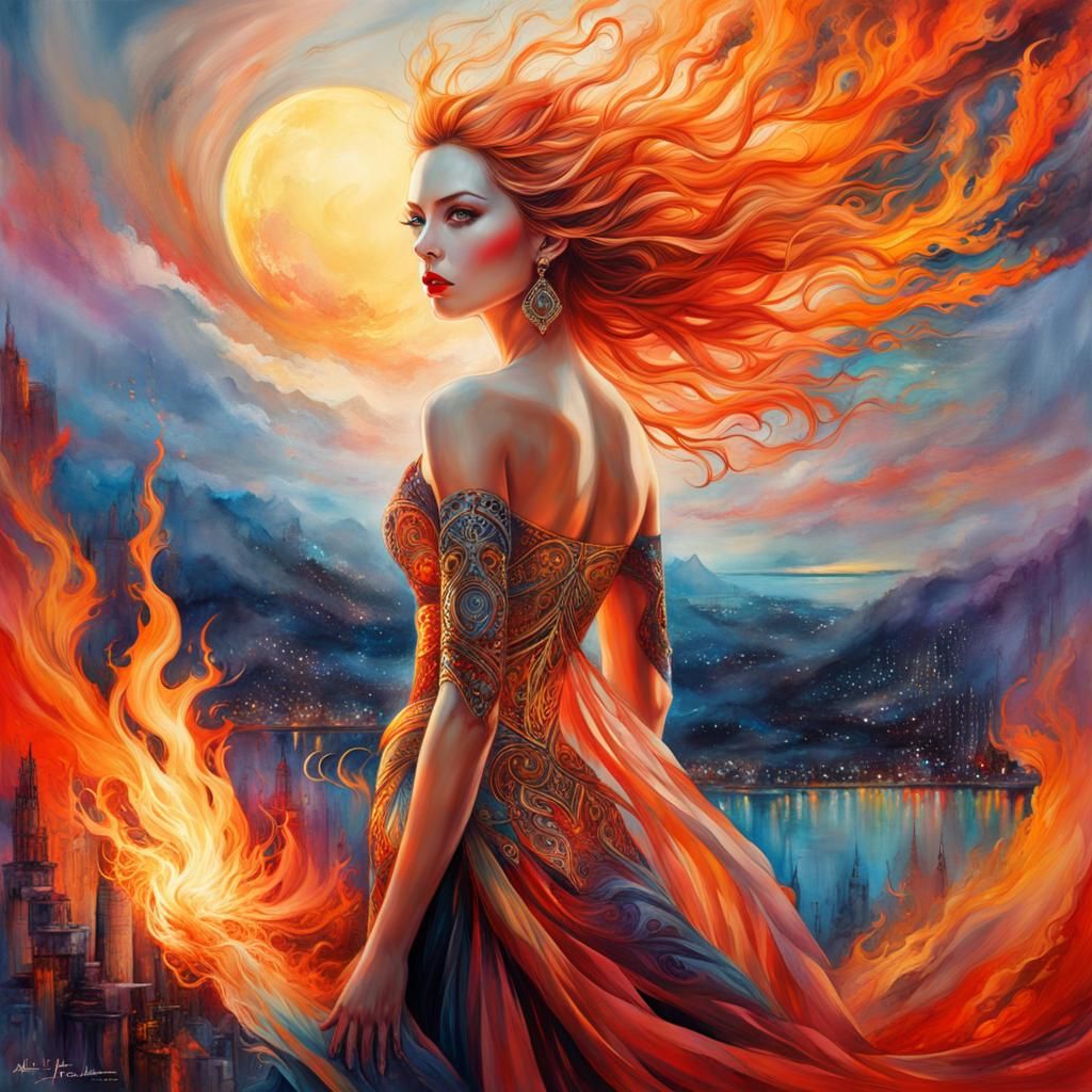 Stunning Woman on Fire: Stylized Watercolor Art