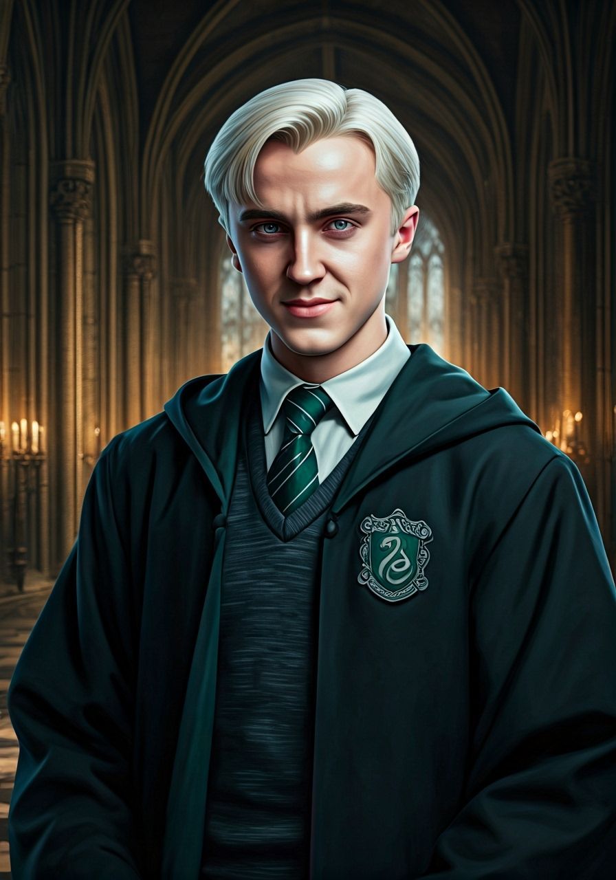 Draco Malfoy in Hogwarts Hallway, Detailed Matte Painting