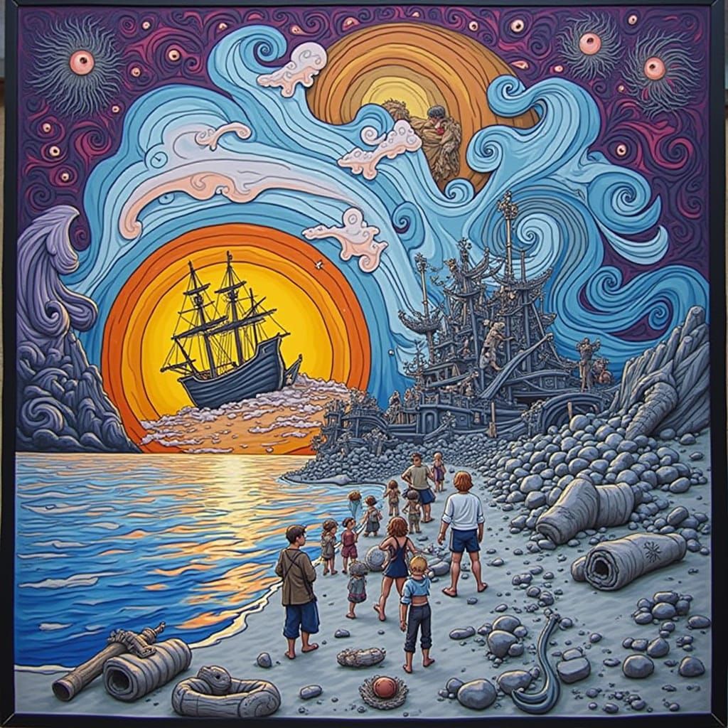 Hyperrealistic Shipwreck Survivors Stranded on a Beach