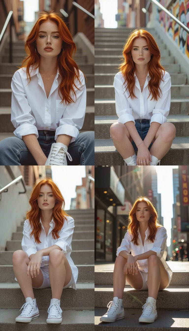 Red-Haired Woman in Sneakers on Street Stairs